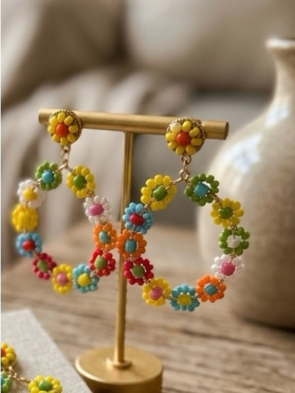 Handmade Multicolor Floral Hoop Earrings - Bright Beaded Daisy Design